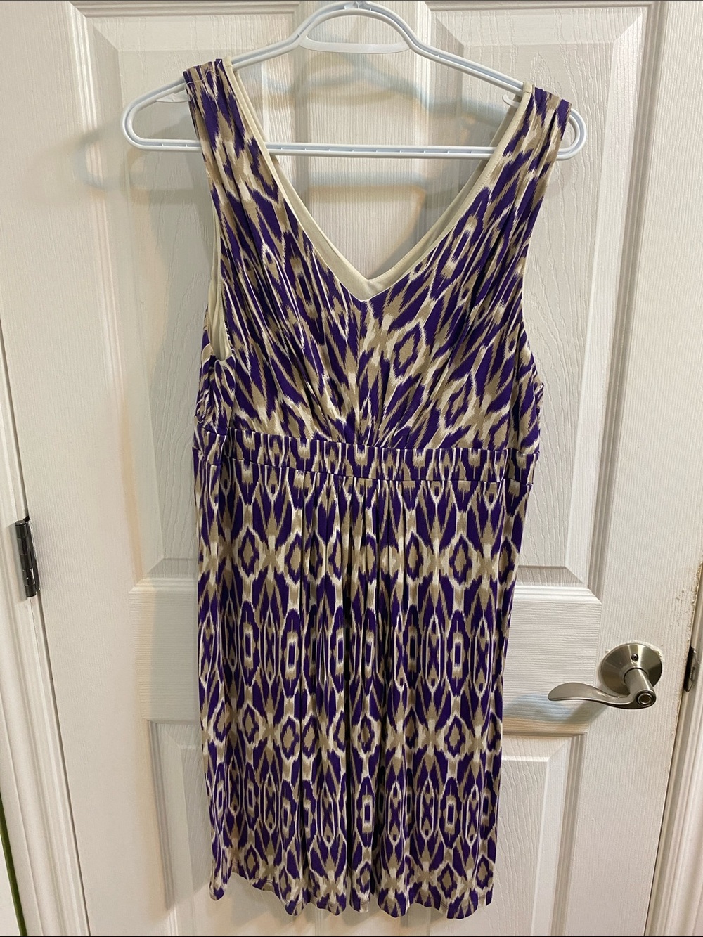 LOFT Purple Tan Geometric V Neck Midi Dress Women’s Size Large Fall Office